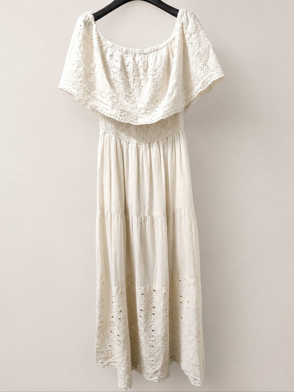 NAOO Romantic Boho Eyelet Maxi Dress Smocked Off Shoulder M - Picture 3 of 13